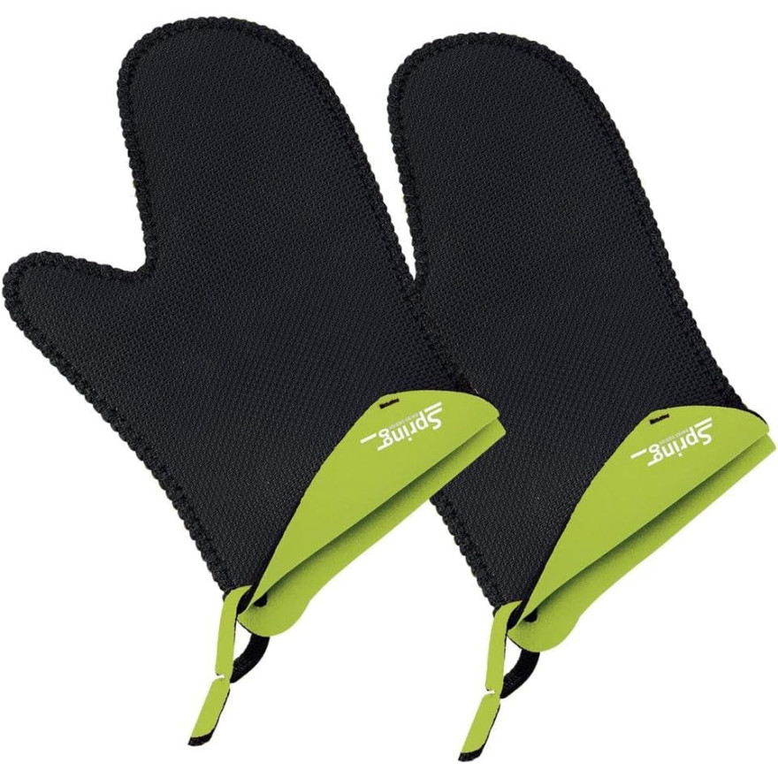 Spring Swiss Design: Paire de gants pour le four noirs intérieur vert