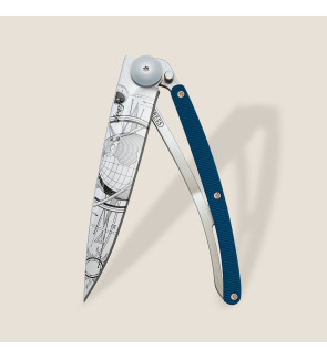 Deejo: Couteau de poche 37gr Globe Trotter finition titane gris manche aluminium bleu