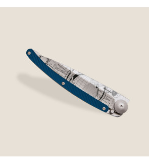 Deejo: Couteau de poche 37gr Globe Trotter finition titane gris manche aluminium bleu