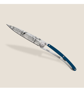 Deejo: Couteau de poche 37gr Globe Trotter finition titane gris manche aluminium bleu