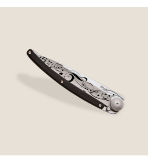 Deejo: Couteau de poche 37gr Partition finition titane gris manche ébène