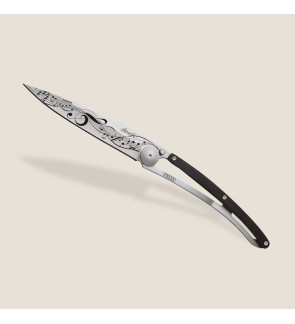 Deejo: Couteau de poche 37gr Partition finition titane gris manche ébène