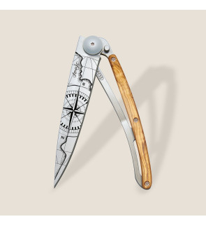 Deejo: Couteau de poche 37gr Terra incognita finition titane gris manche bois d'olivier