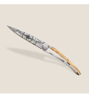 Deejo: Couteau de poche 37gr Terra incognita finition titane gris manche bois d'olivier