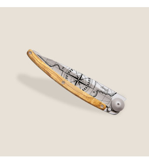 Deejo: Couteau de poche 37gr Terra incognita finition titane gris manche bois d'olivier