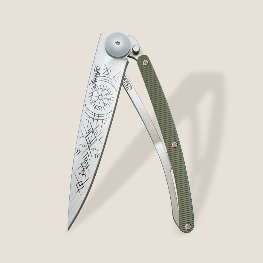 Deejo: Couteau de poche 37gr Viking finition titane gris manche aluminium kaki Deejo: Couteau de poche 37gr Viking finition titane gris manche aluminium kaki