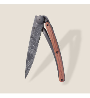 Deejo: Couteau de poche 37gr Topographie finition titane noir manche bois corail