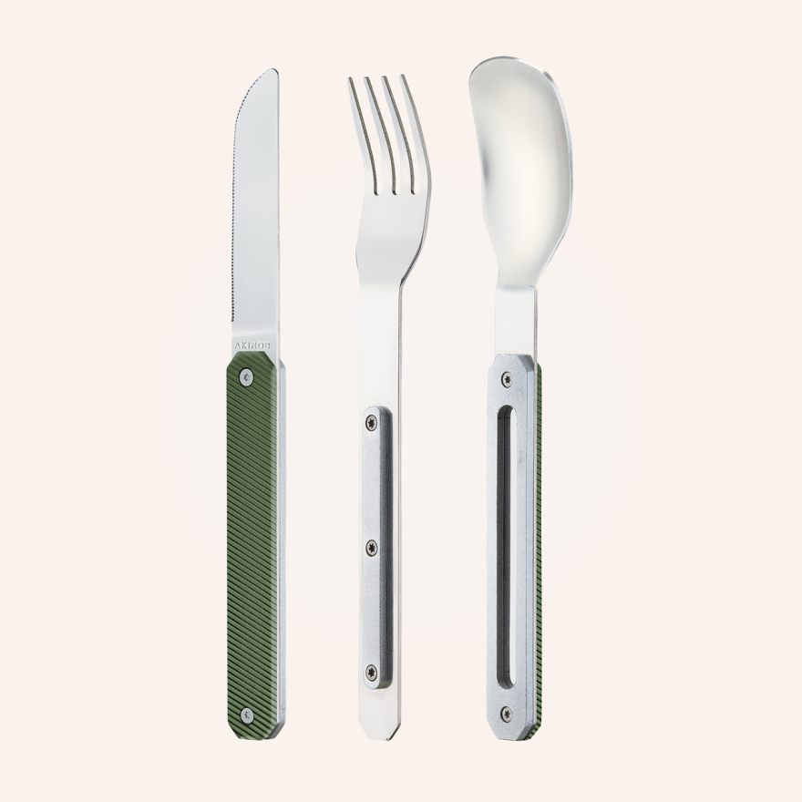 Akinod: Set van 3 reis-/picknickbestek aluminium kaki Akinod: Set van 3 reis-/picknickbestek aluminium kaki