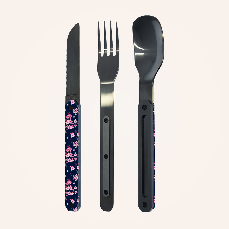Akinod:  Set van 3 reis-/picknickbestek met kersenbloesems