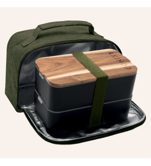 Akinod: Set bento noir double étage & lunch bag isotherme vert foncé