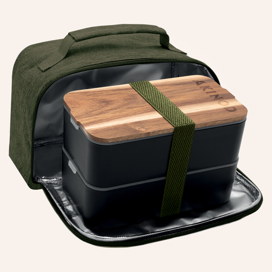 Akinod: Set bento noir double étage & lunch bag isotherme vert foncé Akinod: Set bento noir double étage & lunch bag isotherme vert foncé