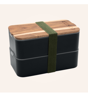 Akinod: Zwarte bentoset met twee compartimenten en groene geïsoleerde lunchtas