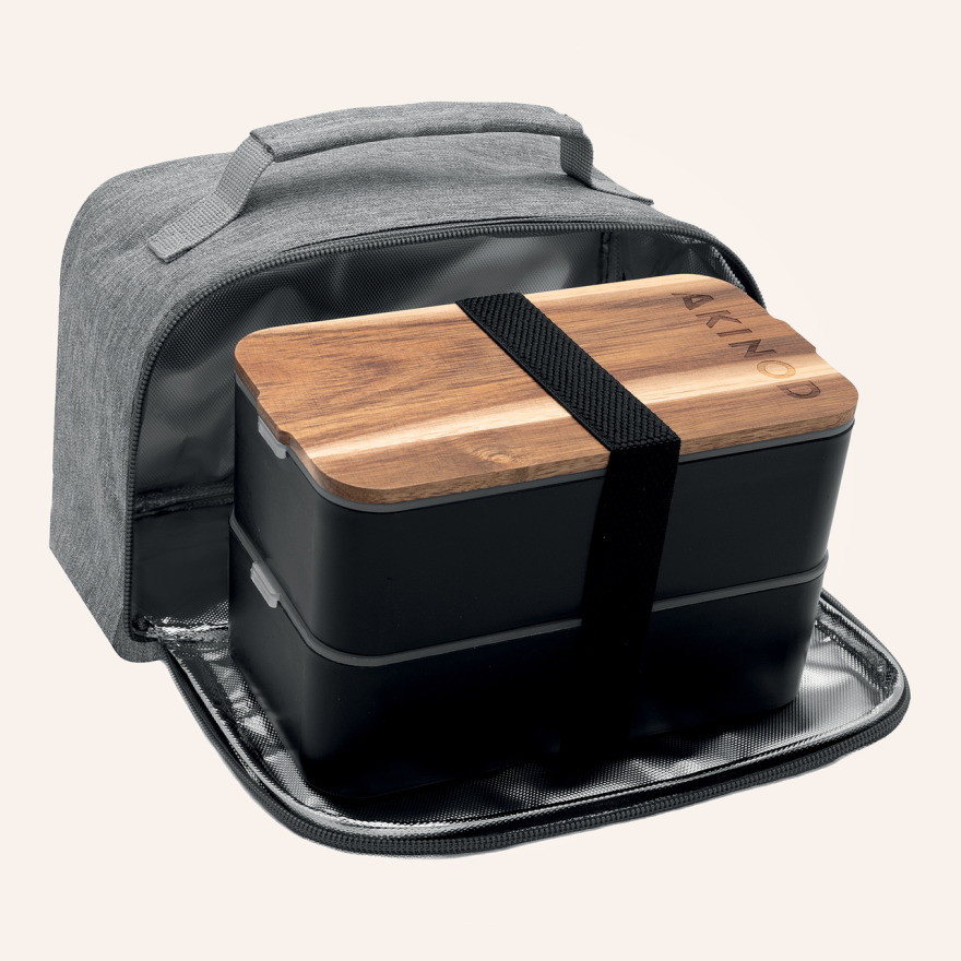 Akinod: Set bento noir double étage & lunch bag isotherme gris