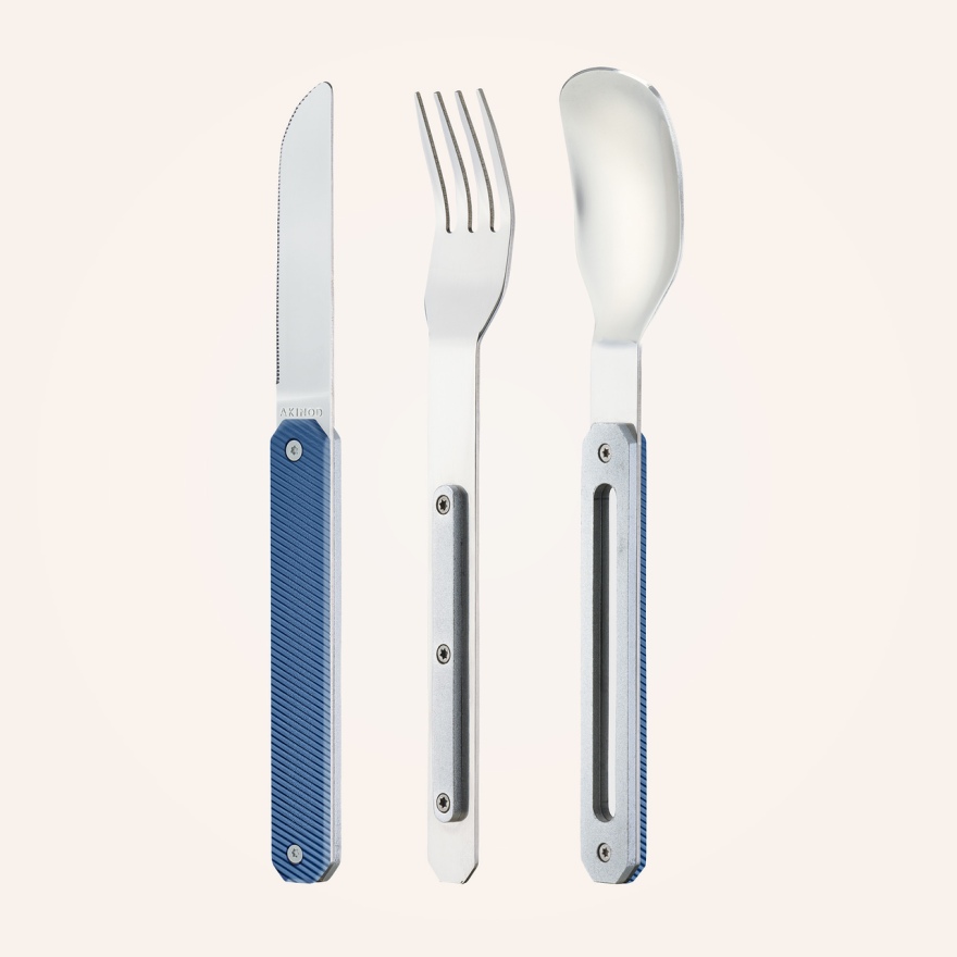 Akinod: Set de 3 couverts de voyage/pique-nique aluminium bleu Akinod: Set de 3 couverts de voyage/pique-nique aluminium bleu