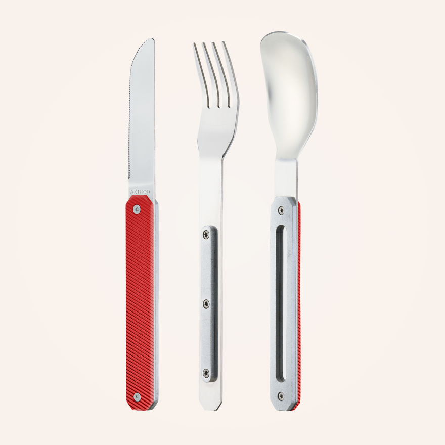 Akinod: Set de 3 couverts de voyage/pique-nique aluminium rouge