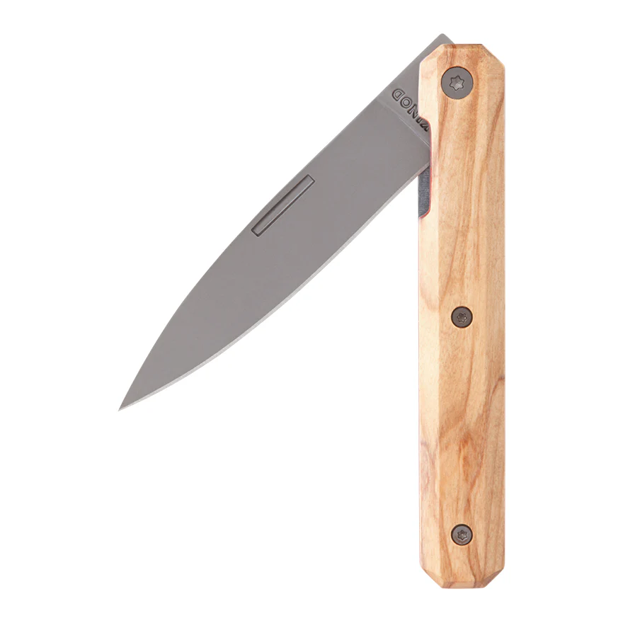 Akinod: Couteau de poche pliant finition titane manche bois d'oliver Akinod: Couteau de poche pliant finition titane manche bois d'oliver