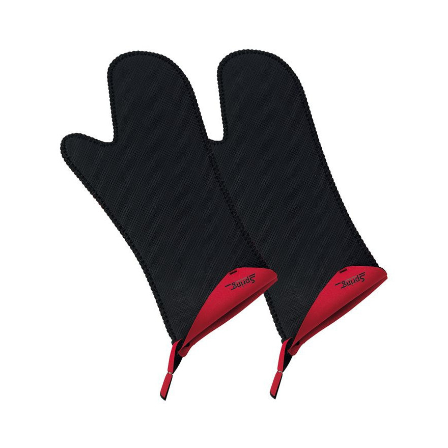 Spring Swiss Design: Paire de gants pour le four long noirs intérieur rouge