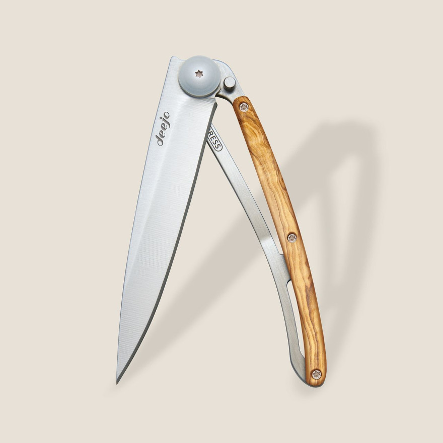 Deejo: Couteau de poche 37gr finition titane gris manche bois d'olivier