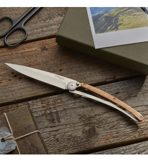 Deejo: Couteau de poche 37gr finition titane gris manche bois d'olivier