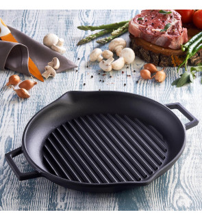Lava: 26 cm ronde gietijzeren grillpan met dubbele handgreep