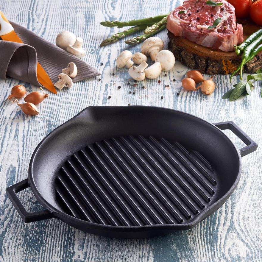 Lava: 26 cm ronde gietijzeren grillpan met dubbele handgreep