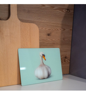 WD Lifestyle: Snijplank van gehard glas met eenden-/knoflookmotief