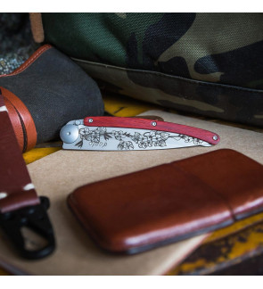 Deejo: Couteau de poche 37gr Fleurs de cerisier finition titane manche bois corail