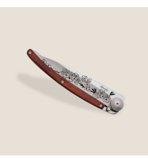 Deejo: Couteau de poche 37gr Fleurs de cerisier finition titane manche bois corail