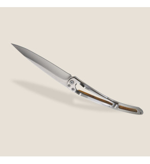 Deejo: Couteau de poche 37gr Porte bonheur finition titane gris manche bois d'olivier