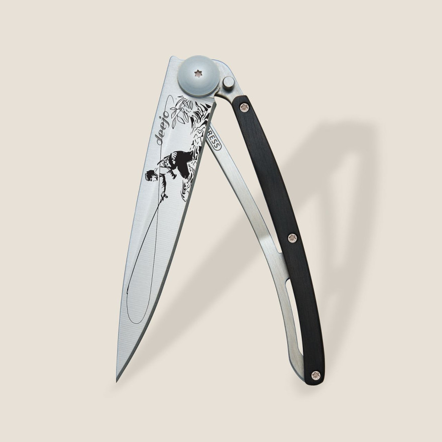 Deejo: Couteau de poche 37gr Pêche à la mouche finition titane gris manche bois d'ébène