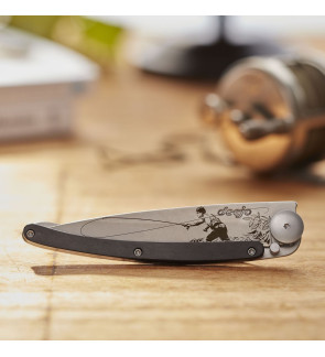 Deejo: Couteau de poche 37gr Pêche à la mouche finition titane gris manche bois d'ébène