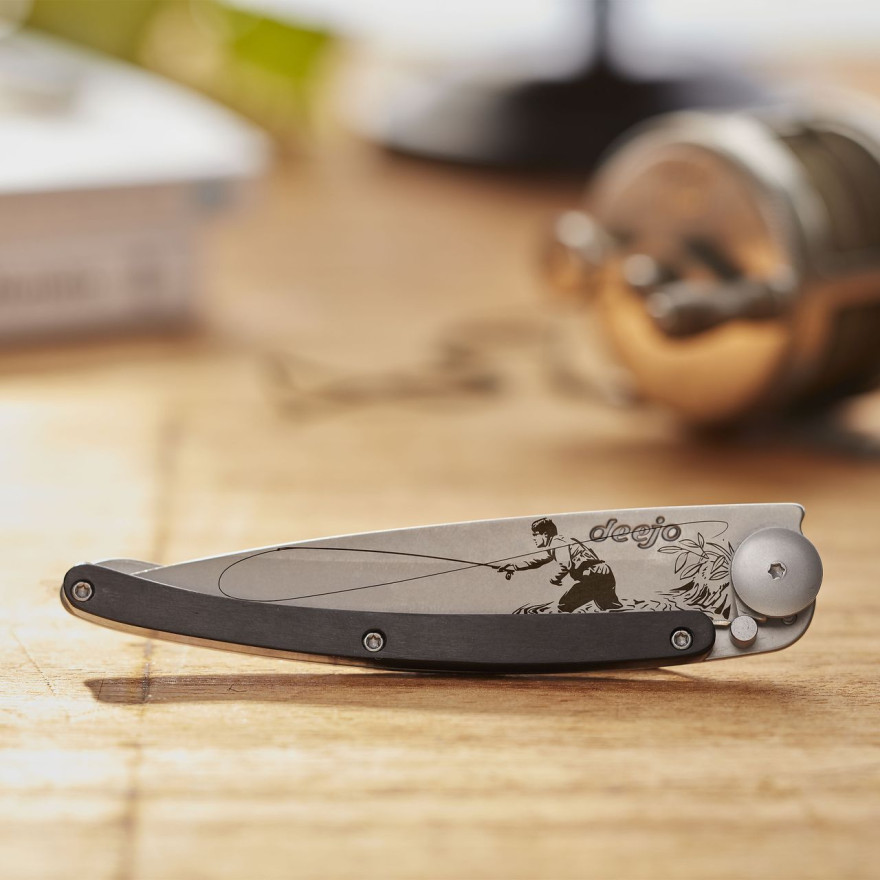 Deejo: Couteau de poche 37gr Pêche à la mouche finition titane gris manche bois d'ébène