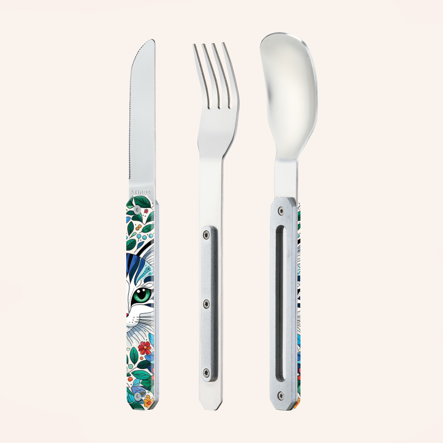 Akinod: Set de 3 couverts de voyage/pique-nique aimantés "Chat"