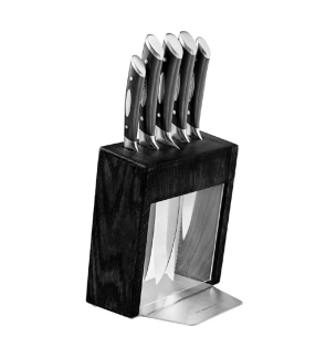 Scanpan: Bloc en bois / inox avec vitre & 6 couteaux manche noir