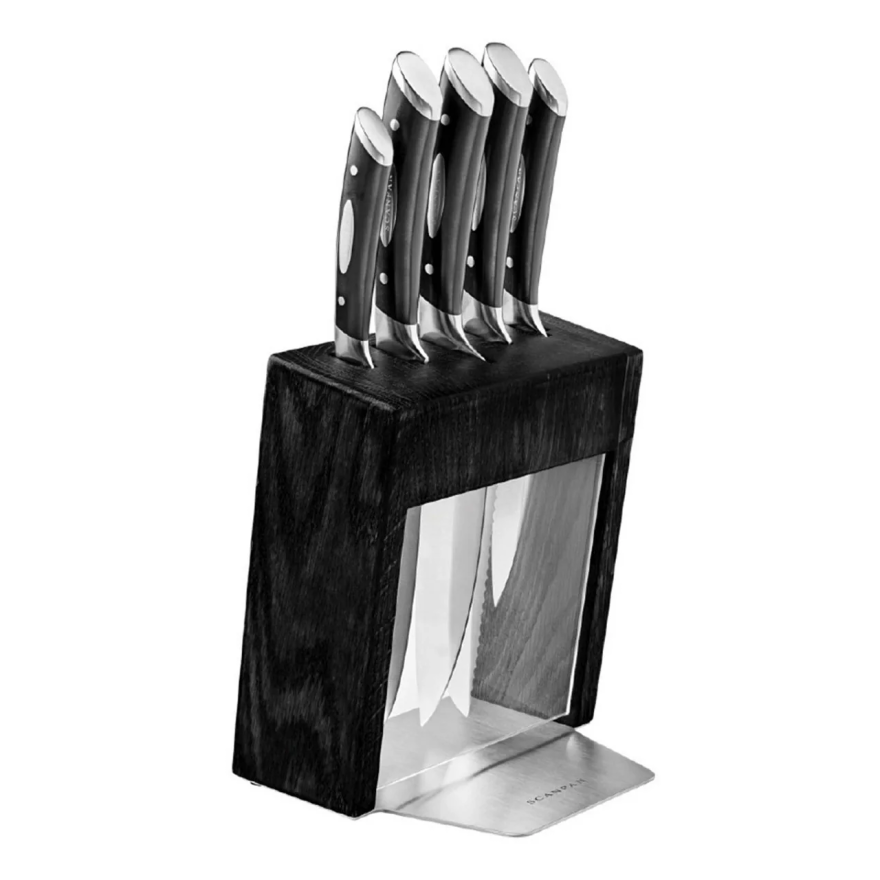 Scanpan: Bloc en bois noir / inox avec vitre & 5 couteaux manche noir