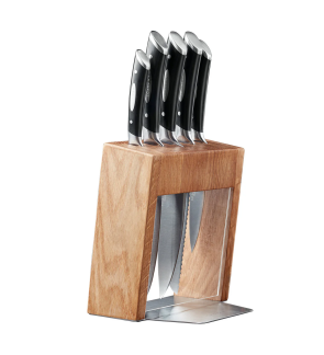 Scanpan: Bloc en bois clair pied inox avec vitre & 5 couteaux manche noir