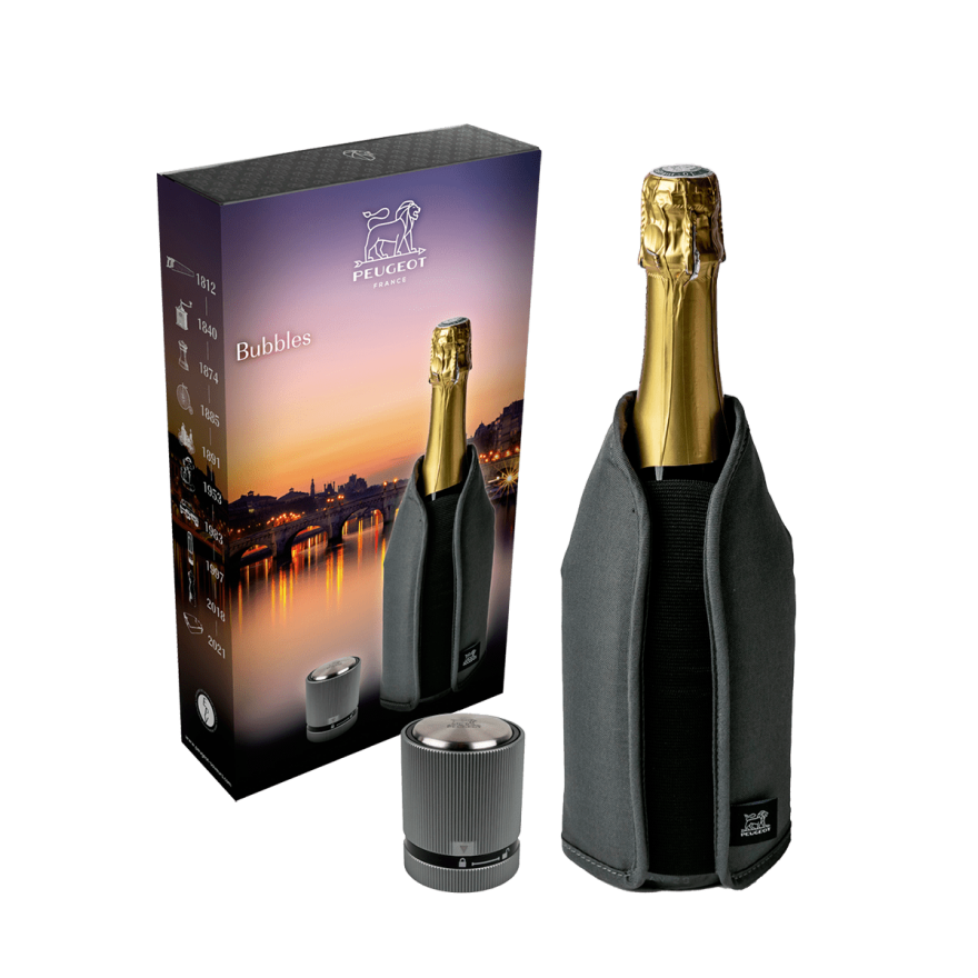 Peugeot: Bubbles grijs Frizz koeler set & Line carbon champagne stopper